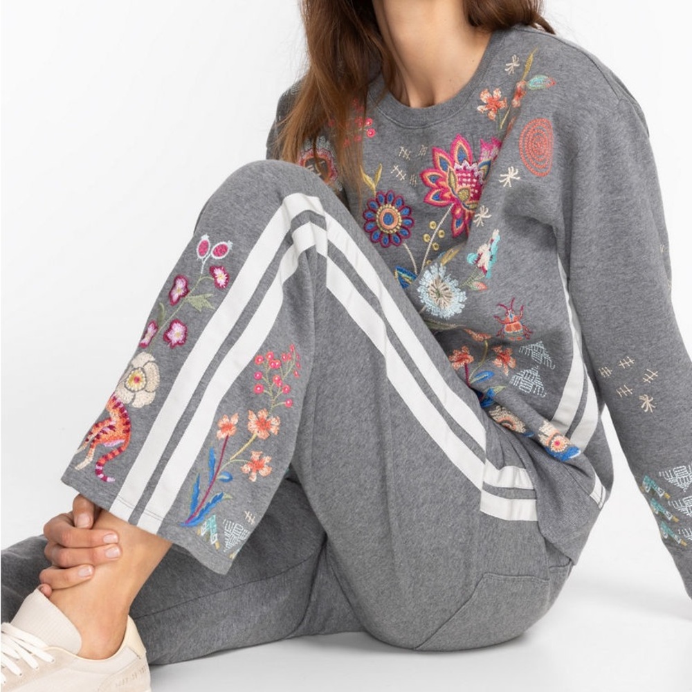 Johnny Was Griffin Wide Leg Ribbon Pant in Gray Floral Embroidery
